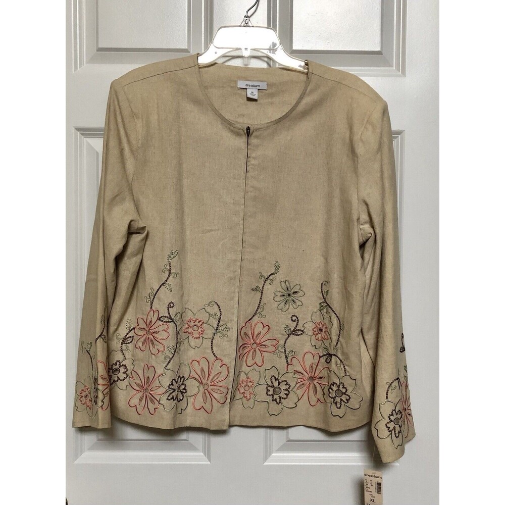 Dress Barn Jacket Full Zipper Lined Size XL Beige Embroidered Floral